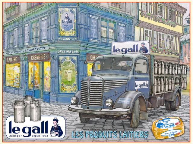 plaque émaillée représentant une illustration de la Laiterie Le Gall au centre ville de Quimper et son camion transportant des pots de lait en fer