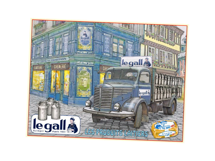 plaque émaillée représentant une illustration de la Laiterie Le Gall au centre ville de Quimper et son camion transportant des pots de lait en fer
