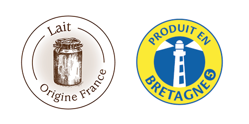 Une laiterie engagée. pictogramme lait origine France et pictogramme produit en Bretagne. Le Gall est une marque membre du réseau Produit en Bretagne
