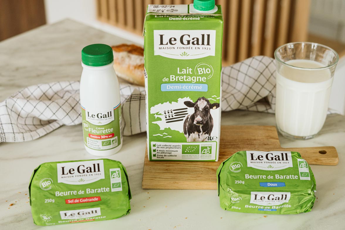 Gamme biologique des produits Le Gall : beurre de baratte, lait et crème fleurette bio