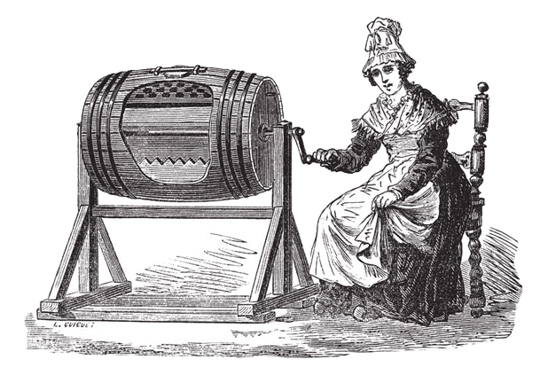 Illustration ancienne, dessin d'une femme assise sur une chaise et tournant la manivelle d'une baratte tonneau